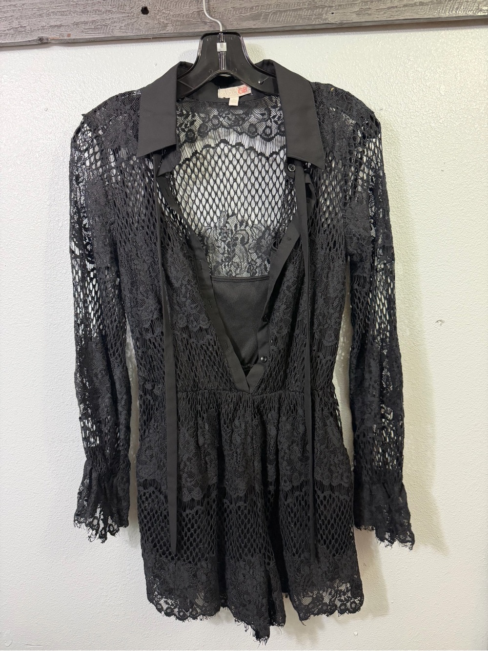 Gianni Bini Black Sheer Lace Romper with Collar